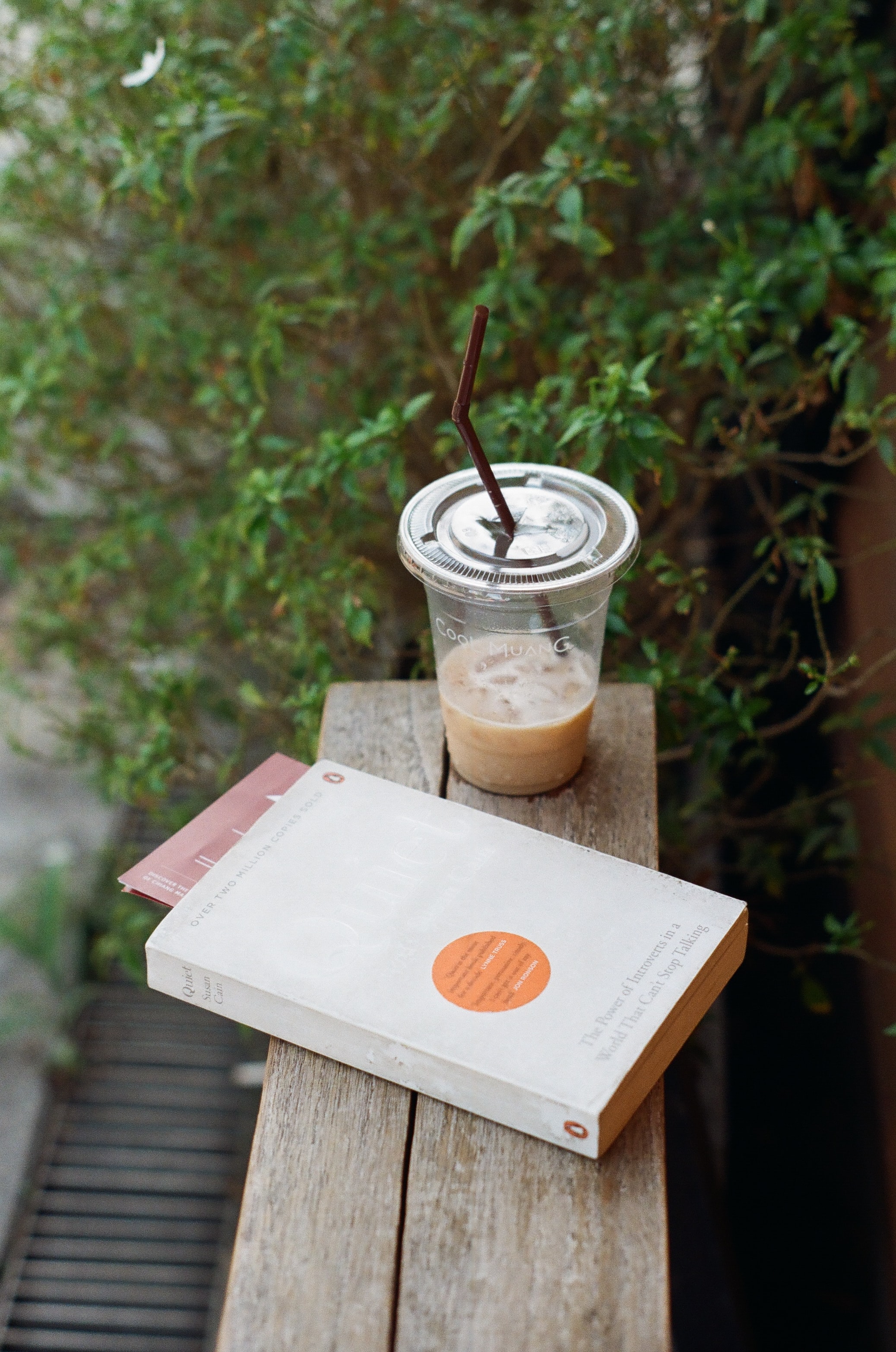 An iced coffee in a clear plastic cup on a wooden plant. There is a white book in front of it, and a green bush behind it.