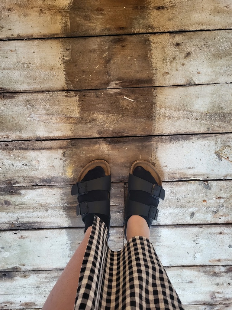An image of old Victorian floorboards - white on the outside and plain wood on the inside. There are a pair of legs standing on the floor in black socks and black sandals, with a white and black check skirt.